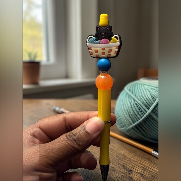 Accessories - Custom Made Yellow Cat & Yarn Beaded Pen